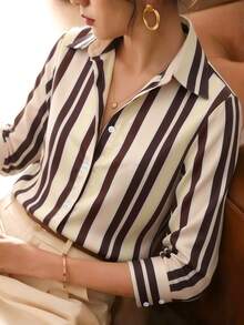 New Loose Long Sleeve Women Shirt, Solid Color Button-Up Blouse - Rust Brown - View 5