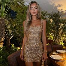 Show-Stopping Gold & Black Sequin-Embellished Square-Neck Mini Dress With Daring Open Back, Sparkling Party-Ready Short Hem For Nightlife, Festive Gatherings & Everyday Chic In Elegant Sexy Style Party Dresses For Women Vestidos Elegantes Para Fiesta - Vàng - Xem 6