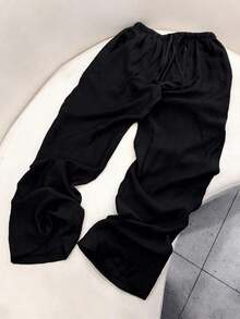 Women's White Wide Leg Pants, Elastic Waist Drawstring, Loose Relaxed Fit, Lightweight Breathable Casual Trousers, Summer Spring - Black - View 2