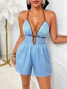 Bộ jumpsuit dệt kim ngắn, không tay, dây mảnh, kẻ sọc, xếp ly, khoét lưng, gợi cảm dành cho nữ, thích hợp cho kỳ nghỉ hè. - Sọc xanh trắng - Xem 6