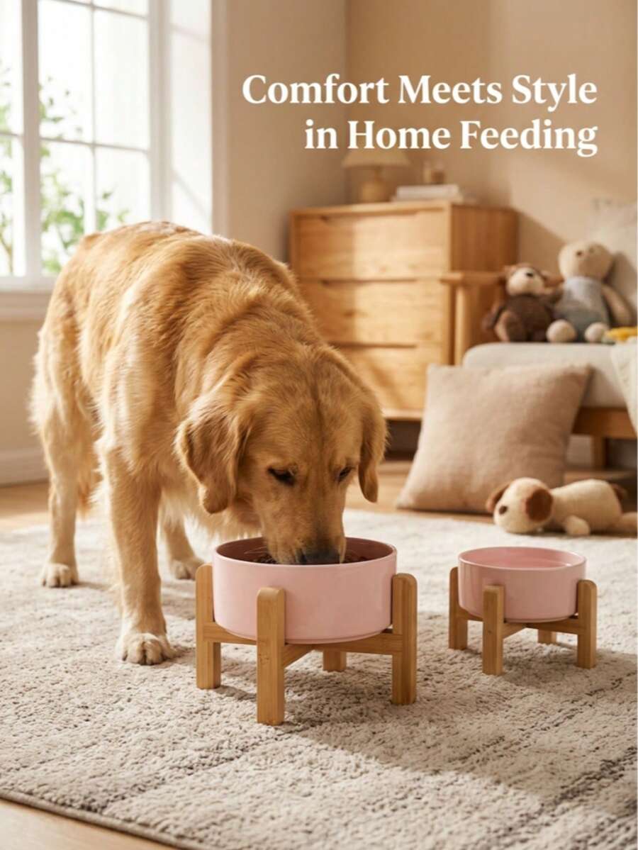 Elevated Ceramic Dog Bowl With Bamboo Stand, Non-Slip Raised Pet Feeder, Neck Protection Food & Water Bowl For Large Dogs - 400ml - View 1