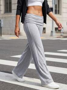 Womens Wide Leg Pants Casual Loose Fit Stylish Solid Color Elastic Pleated Low Rise Trousers - 灰色 - 查看 4