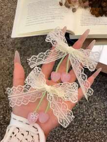 2个/1个蕾丝蝴蝶结樱桃发夹头饰，公主风可爱刘海夹侧发夹 - 粉色 - 查看 8