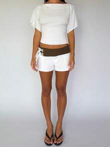 Women's Solid Color Boat Neck Batwing Sleeve Cinched Waist Crop Top Casual Slim Fit Ruched Short Sleeve Tee - trắng - Xem 6