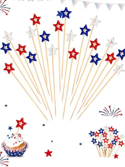 50pcs Mixed Red, Blue And White Star Cocktail Picks, 250th Independence Day Patriotic Star Themed Toothpicks For Appetizers, Desserts, Fruits, Party Decorations