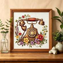 Vintage Telephone & Floral Cross Stitch Kit, Beginner Friendly DIY Embroidery Set, Light French Style Home Decor - Multicolor - View 2