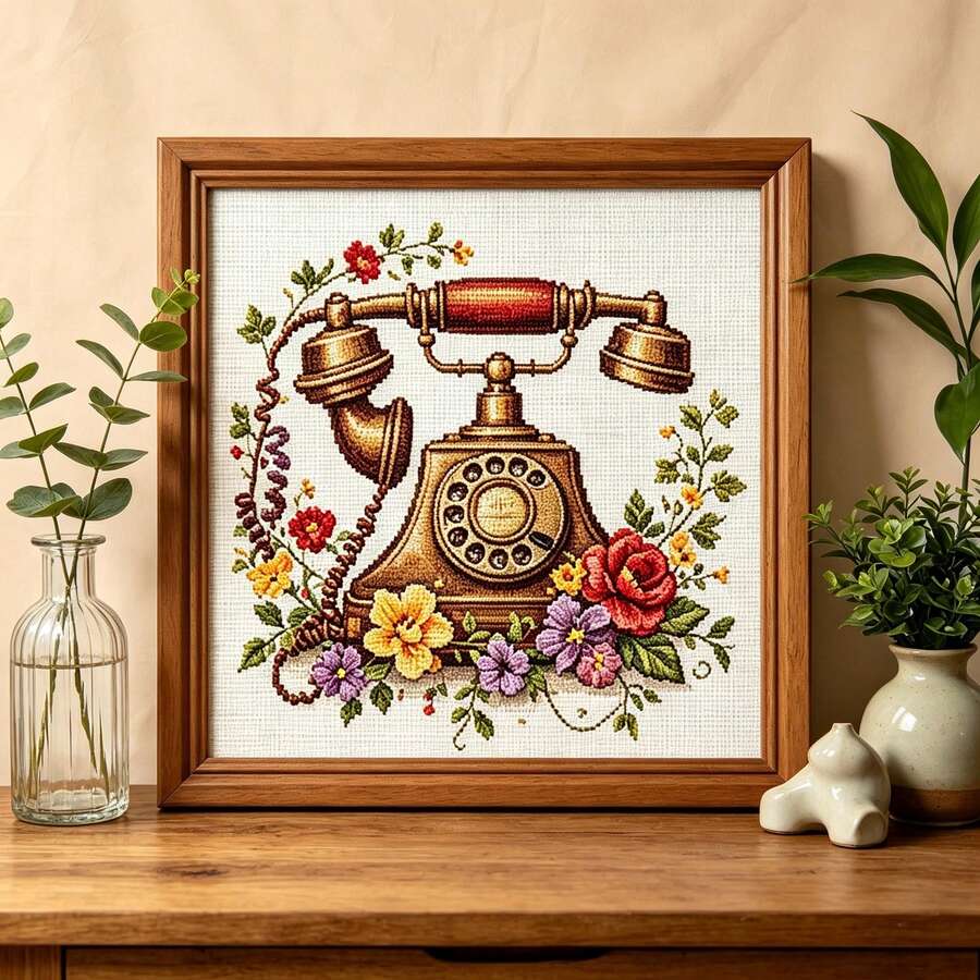 Vintage Telephone & Floral Cross Stitch Kit, Beginner Friendly DIY Embroidery Set, Light French Style Home Decor