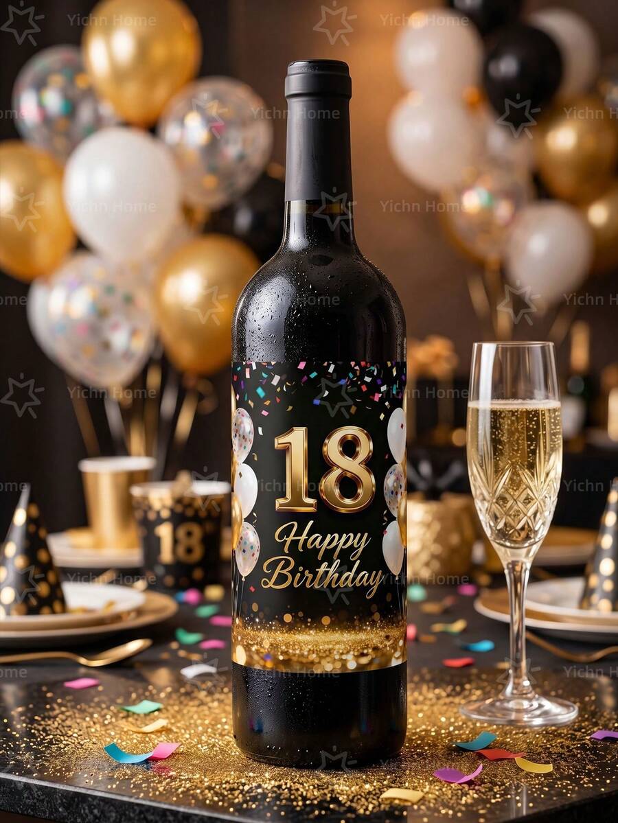 2张4.5*3.7英寸生日主题酒瓶贴纸，奢华黑金风格生日主题标签，适用于生日派对和庆祝活动、生日礼物装饰、酒瓶装饰标签、家居装饰、送给亲朋好友的礼物 - 黑金18歲 - 查看 1