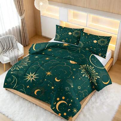 3 Pieces Set, Green Background With Sun And Moon Pattern, Double-Sided Printed Comforter Set (1 Comforter With 200g Filling + 2 Pillowcases, Pillow Inserts Not Included), All-Season Comforter, Soft, Comfortable And Breathable, Perfect For Bedroom, Dormitory, And Home Use.