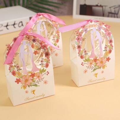 10pcs Wedding Gift Boxes With Ribbons - Floral & Heart Design, Pastel Colors, Small Paper Packaging For Valentine'S Day, Bridal Showers, And Weddings, Wedding Decorations