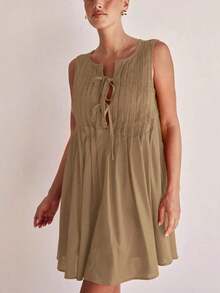 Vestido corto informal versátil de cuello cerrado sin mangas para mujer, detalles de pliegues y cordón delantero.Tela 100% algodón cómoda y transpirable, silueta holgada.Ideal para verano, playa y vacaciones. - Café integral - Ver 11