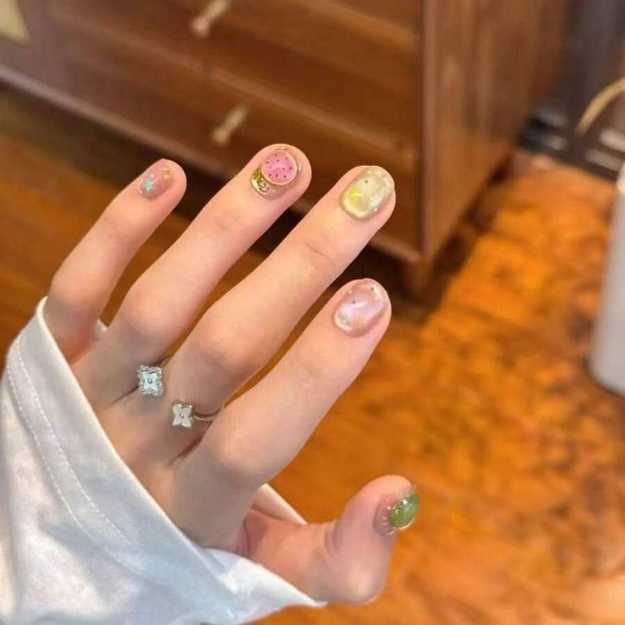 Spring New Style Ice-Clear Watermelon Fresh Dopamine Handmade Cat-Eye Cute Nail Art Fake Nail Patches - S - View 1