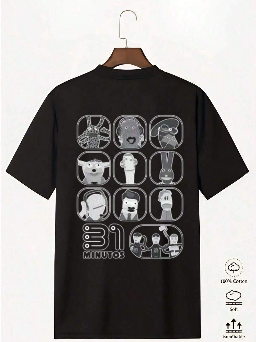 Camiseta original 31 Minutos para hombres y mujeres algodón 100% diseño estampado personajes retro divertida cómoda transpirable moda casual color negro talla S-XXL ropa urbana popular - Negro - Ver 1