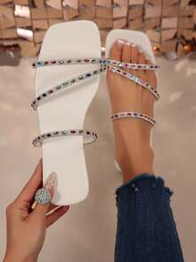 French Summer New Arrival Gorgeous Colorful Strap Criss-Cross Rhinestone Flat Square Toe Sandals, Slimming, Fashionable, Versatile, Comfortable - White - View 1