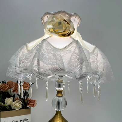 Pagoda-Shaped Lampshade With Lace Trim, With Light Pink Beads And Floral Drum-Shaped Shade, Court-Style Bead Embellishments, Suitable For E27 Lamp Holder, An Artistic Gift For Indoor Bedside Lamps Or Fabric Floor Lamps (Light Source Not Included)