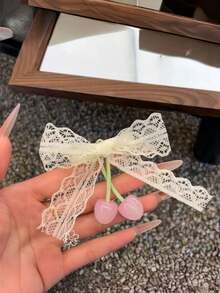 2 piezas/1 pieza Pasador de pelo con lazo de encaje y cereza, estilo princesa Clip de flequillo soñador y clip lateral - Pinza para el cabello con lazo de encaje y cereza - Ver 7