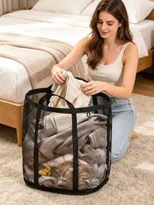 Mesh Laundry Basket With Handles, Foldable Pop-Up Laundry Hamper With Large Side Pocket, Suitable For Room, Dorm, RV, Cruise, Grey Closet Storage Basket, Essential For Bedroom, Dorm Clothes Storage Bag, Storage Box, Laundry Bag, Washing Machine Cover, Laundry, Bathroom, Travel, Can Store Dirty And Clean Clothes, Bras, Dorm Essentials, Wardrobe Storage - beraneka warna - View 10