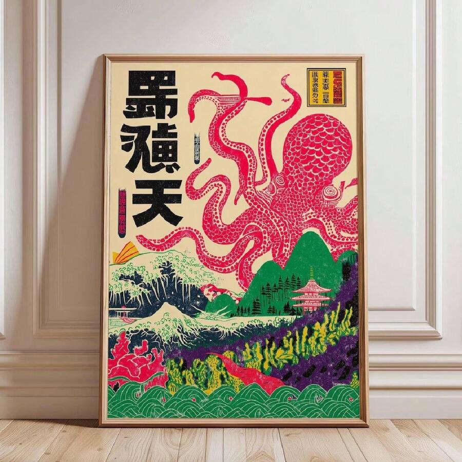 2D平面单幅墙面艺术海报，复古日式章鱼艺术作品 | 无框浮世绘帆布画，描绘海洋生物，房间装饰家居装饰，独特而富有艺术气息的墙面装饰，是卧室和起居空间的理想之选 - design 01 - 查看 1