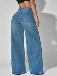Jeans casuales de cintura baja y pierna ancha de color azul con bolsillos en diagonal, ropa de verano y primavera - Ambición azul - Ver 2