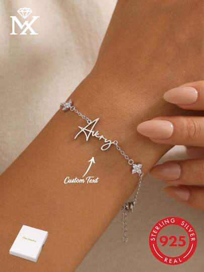 925 Sterling Silver Customized Bracelet, Inlaid With Zirconia Four-Leaf Clover Pattern, Engraved With Personalized Name, Unique Custom Jewelry Gift, Ideal For Christmas Or Valentine's Day For Girlfriend