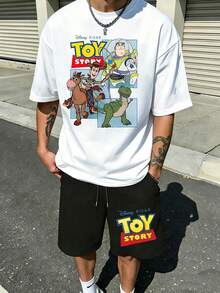 Disney P Ixar Toy Story Officially Licensed Men's 2-Piece Outfit, Woody & Buzz Lightyear Print Crew Neck T-Shirt & Drawstring Shorts Casual Summer Streetwear Set For Theme Parks & Daily Wear - 白色 - 查看 1