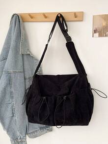 Unisex Corduroy Large Capacity Crossbody Bag, Multi-Pocket Drawstring Strap Shoulder Bag, College Style Suitable For University Students - Black - View 8