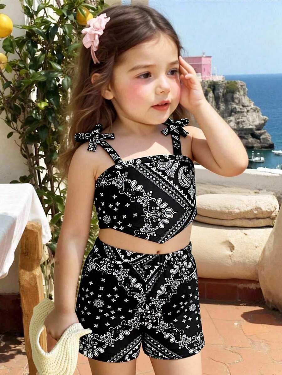Baby Girls' Bohemian Style Sleeveless Strap Top With Simple Shorts Set For Summer - Multicolor - View 1