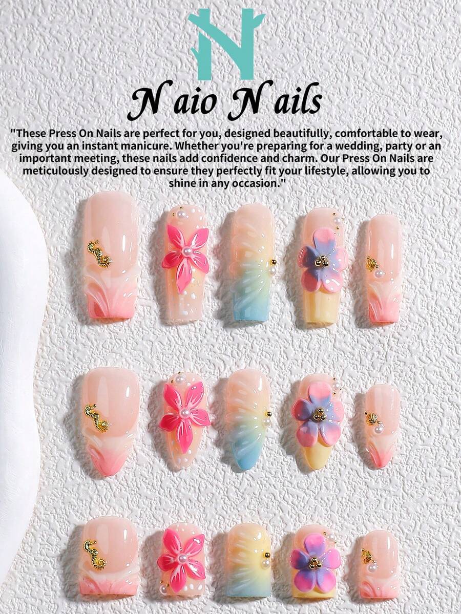 NAIO 10片/套 手工美甲贴片，三种尺寸可选：棺材形/杏仁形/短方形甲片，Y2K 酷炫风格，裸色、蓝色、黄色和粉色，法式边缘，假指甲饰有花朵、波浪纹、蓝粉渐变色，并镶嵌金属装饰。乳霜质地，适合女性和女孩，可用于派对、日常佩戴，附赠工具包，是送给女士美甲爱好者的绝佳礼物。 - 彩色 - 查看 1