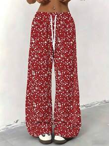 Women Straight Leg Wide Leg Pants Red With White Floral Print Casual Comfortable Loose Fit For Everyday Wear And Light Exercise 250g - 彩色 - 查看 4