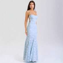 Vestido largo de mujer elegante con encaje de moda tirantes cola de sirena atado - Azul cielo - Ver 5