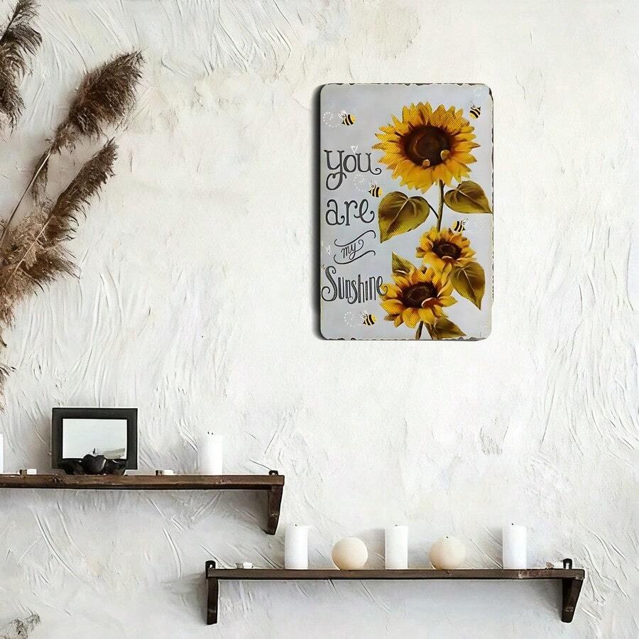 Vintage You Are My Sunshine Sunflower Bees 2D Flat Printed Aluminum Tin Sign, 20cm*30cm Retro Metal Wall Art Plaque, Decorative Wall Decor For Home Living Room Bedroom - A - Xem 1