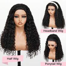 Half Wig Human Hair Jerry Curl With Drawstring Glueless Wear With Or Without Headband Wigs Human Hair For Women Beginner Friendly 200% Density 30 Inch - Natural Black - Xem 3