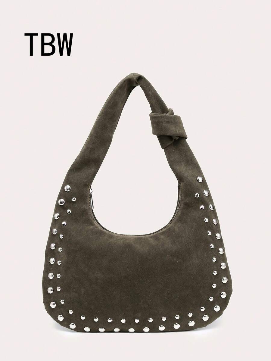 Tas Bahu Bulan Sabit Wanita, Bahan PU, Kapasitas Besar, Dekorasi Kancing, Gaya Vintage, Cocok Untuk Bepergian dan Jalan-jalan - Hijau Tentara - View 1