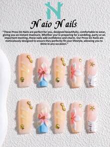 NAIO 10片/套 手工美甲贴片，三种尺寸可选：棺材形/杏仁形/短方形甲片，Y2K 复古风，裸色、蓝色、黄色和粉色可选，法式边缘，带黄色调，立体花卉压纹，贝壳图案金属装饰。乳霜质地，适合女性和女孩，可用于派对、日常佩戴，附赠工具包，是送给女士美甲的绝佳礼物。 - 彩色 - 查看 17