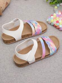 Girls' Rainbow Ombre Woven Sandals, Glitter Hook And Loop Soft Bottom Sandals, New Summer Beach Shoes - Multicolor - View 6