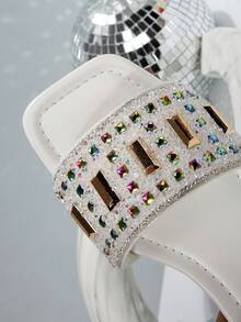 1 Pair Plus Size Shiny Gold Color, Rhinestone & Double Pearl Decor Slides, Elegant & Fashionable For Party, Vacation, Beach, Comfortable Slip-On Flat Mules, Suitable For Daily Wear, Size 41-42-43 - White - View 8