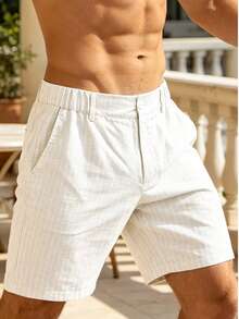 Men's Striped Casual Shorts With Button Closure, Suitable For Summer Beach And Formal Occasions - White - View 3