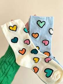 5 Pairs Women's Colorful Heart Pattern Mid-Calf Socks, Versatile For Various Outfits, Black Trim Design, Soft & Comfortable For All Occasions - Multicolor - View 3