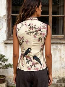 Women's Floral Bird Cheongsam Tops Mock Neck Sleeveless Elegant Chinester Style Tank Tops - Beis - Ver 4