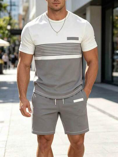 2pcs/Set Men's Khaki & Black Contrast Design Round Neck Short Sleeve T-Shirt And Matching Black Shorts, 100% Polyester Lightweight Breathable Fabric, Fashionable Sports Outfit Suitable For Summer