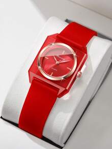 1pc Women's Silicone Quartz Watch, Fashionable Minimalist Square Dial, Classic Elegant Wristwatch - Red - View 8