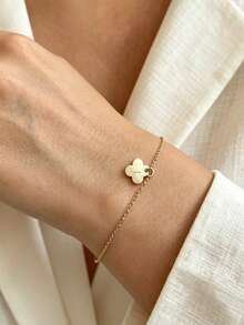 Pulsera personalizable de trébol de cuatro hojas con letras inglesas grabadas, regalo del Día de la Madre | Pulsera colgante de trébol de cuatro hojas | Pulsera de cadena | Regalo para amigos cercanos - Amarillo Oro - Ver 2