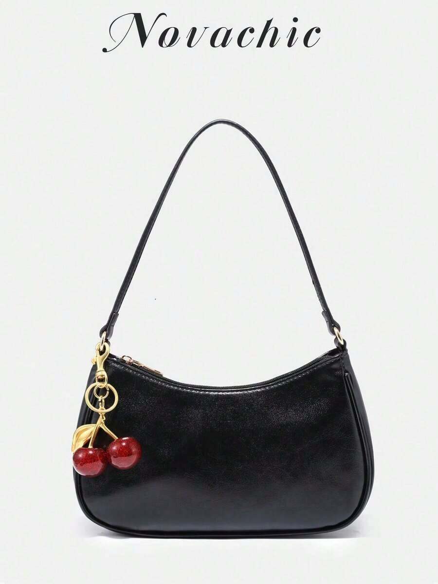 Novachic, Women's Fall Outfits, Floral Patterned Fabric, Cute Pendant Decor, Cherry Pendant, Women's Minimalist Shoulder Bag, Zipper Closure, Retro Style, Underarm Bag, Suitable For Multiple Occasions, Small Bags - màu đen - Xem 1