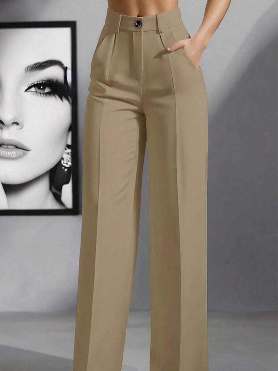 Pantalones holgados de cintura alta con pliegues, aptos para el trabajo y el uso casual, negro para primavera/verano - Color café verde - Ver 1