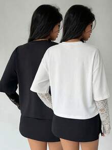 2pcs Women's Fashion Atmosphere Round Neck Lace Patchwork Long Sleeve Slim Fit T-Shirt 1173T-1 Casual Spring - Black + White - View 2