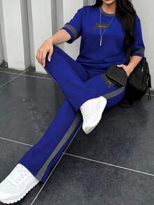女士春秋季圆领短袖T恤和松紧腰宽松长裤两件套，休闲日常夏季穿着 - 藍色142 - 查看 7