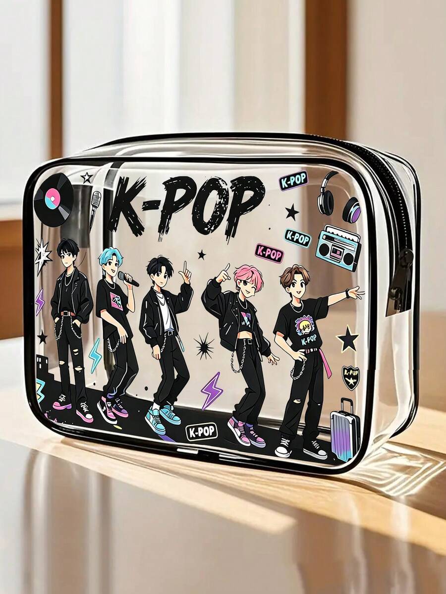 1个K-Pop偶像主题PVC化妆包,拉链密封PVC旅行收纳包,印有K-Pop标志,韩国流行文化设计,轻便防水,适合女性和女孩的化妆和洗漱包,便携式化妆箱,易于清洁 | 现代美学 | 防褪色材质,旅行必备,夏季,返校用品包,学校洗漱包,防水化妆包 - 彩色 - 查看 1