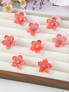 10pcs/Pack Mini Rhinestone Flower Hair Scrunchies For Girls, Red, Minimalist, Cute & Sweet, Versatile, Gentle On Hair, Elastic , Suitable For Daily Use - Red - View 2