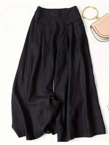 Pantalones anchos de primavera para mujer con bolsillo delantero decorativo de unicolor y casual - Negro - Ver 9
