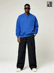 mulinsen Men's Black Loose Straight Leg Cargo Pants With Practical Pockets And Drawstring Waist, Street Fashion - Black - View 4